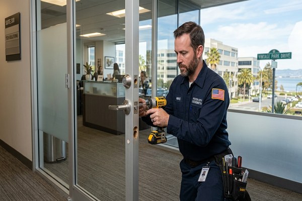 Commercial locksmith installing access control at Foster City office