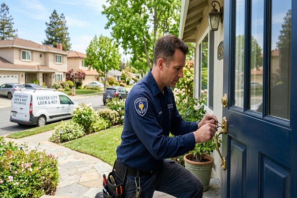Residential locksmith rekeying deadbolt at Foster City home